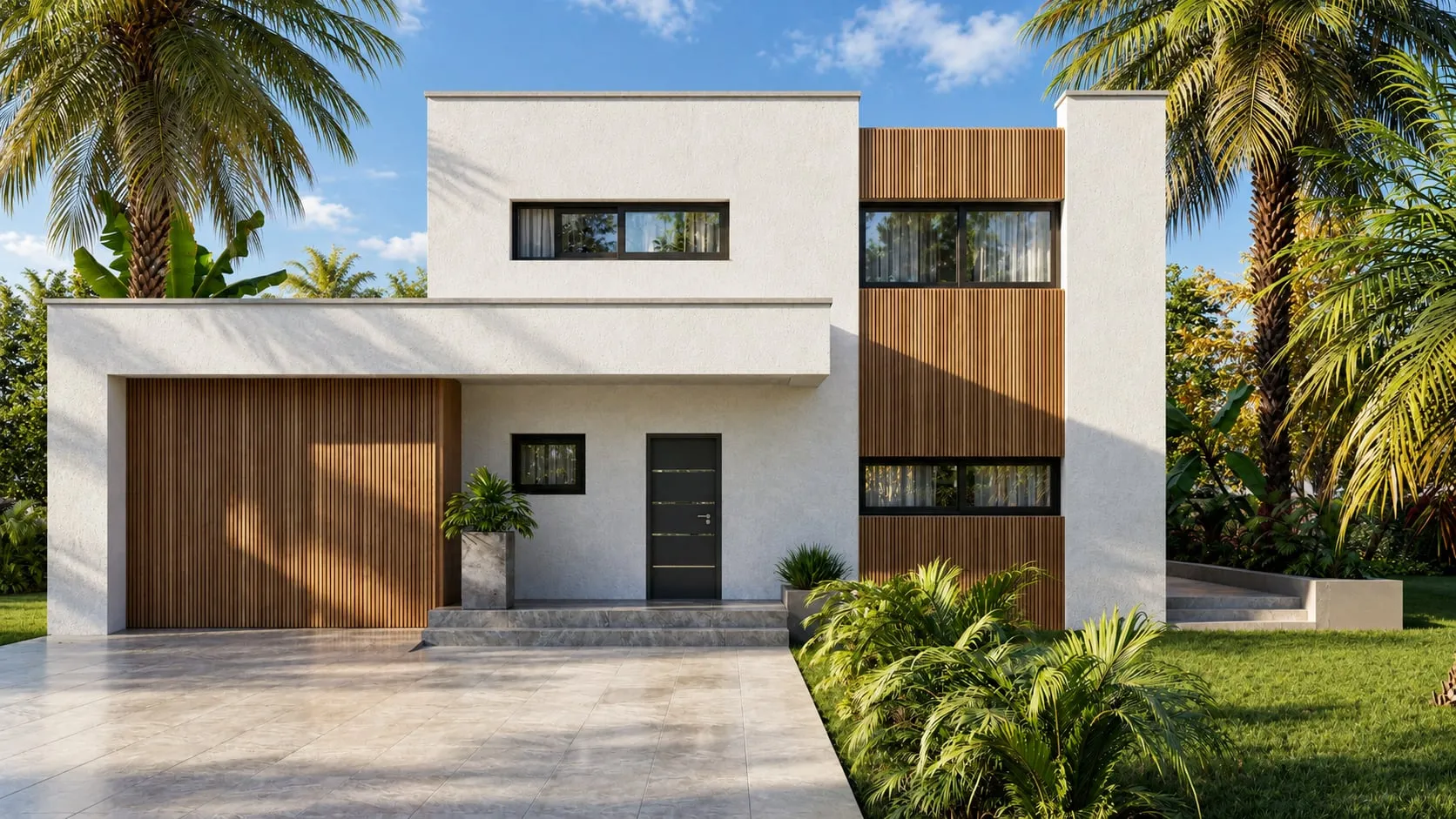 3D exterior rendering of a white contemporary house with wood slats and palms