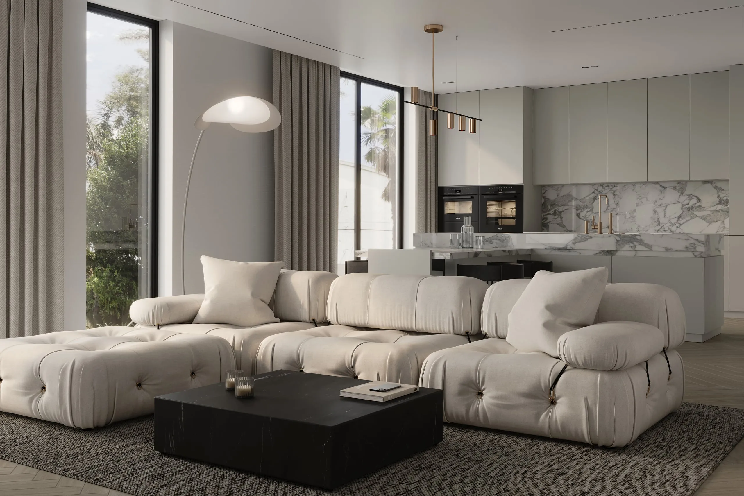 3D interior rendering of a living room and kitchen