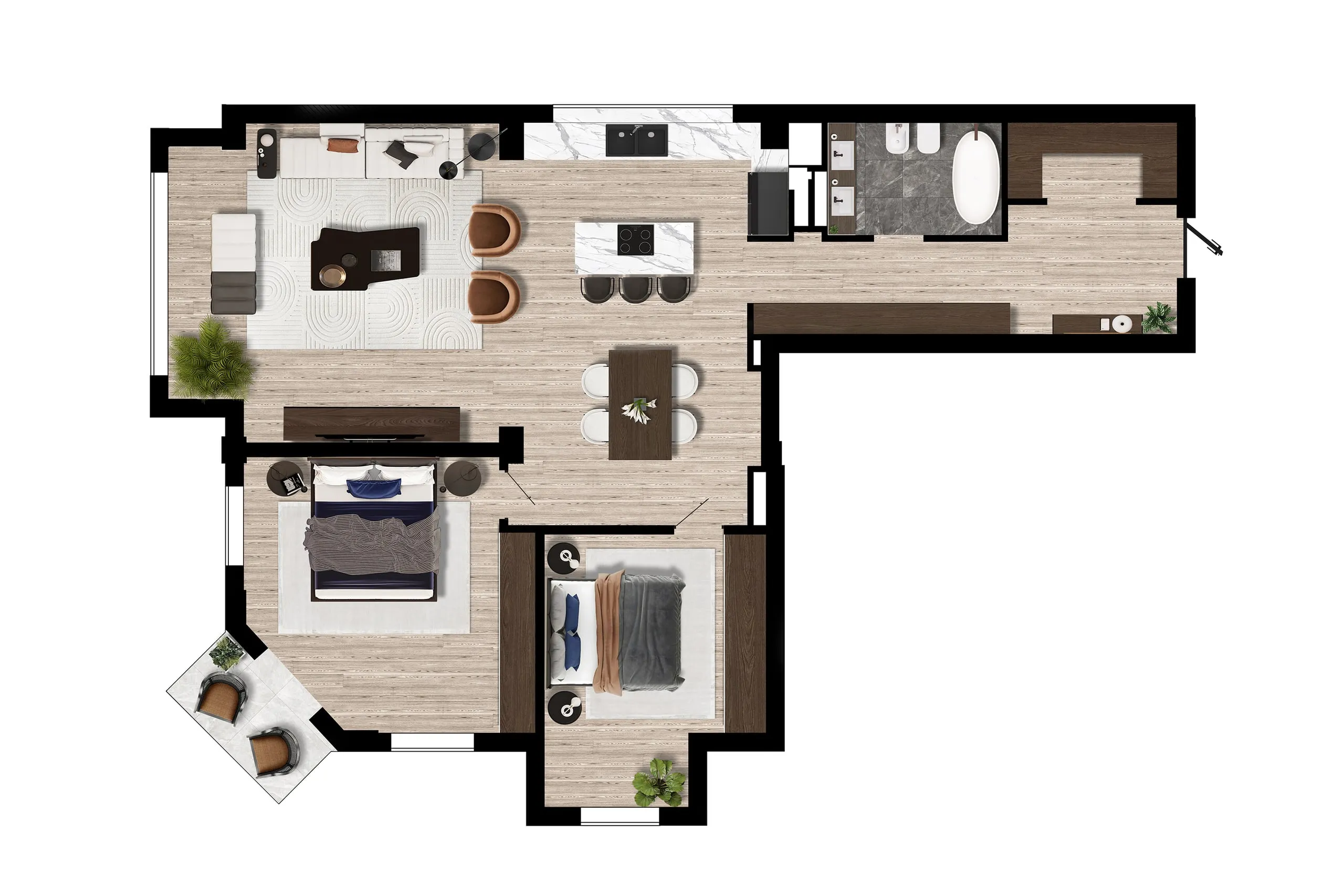2D floor plan of a furnished apartment
