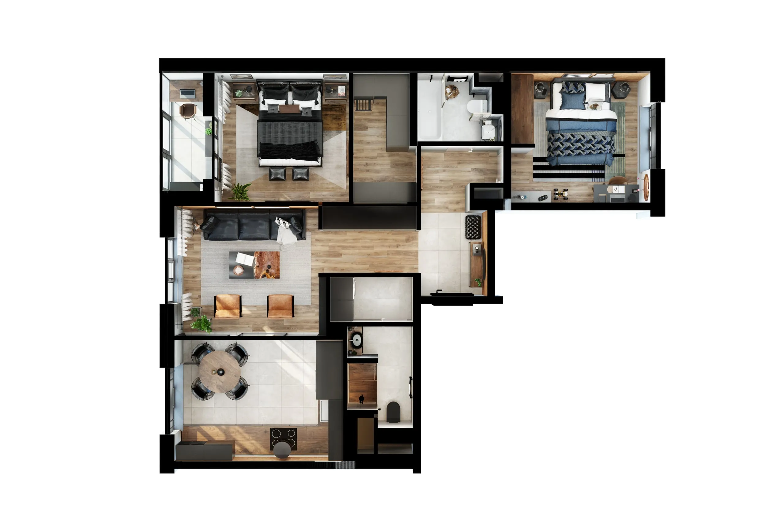 3D floor plan of a furnished apartment