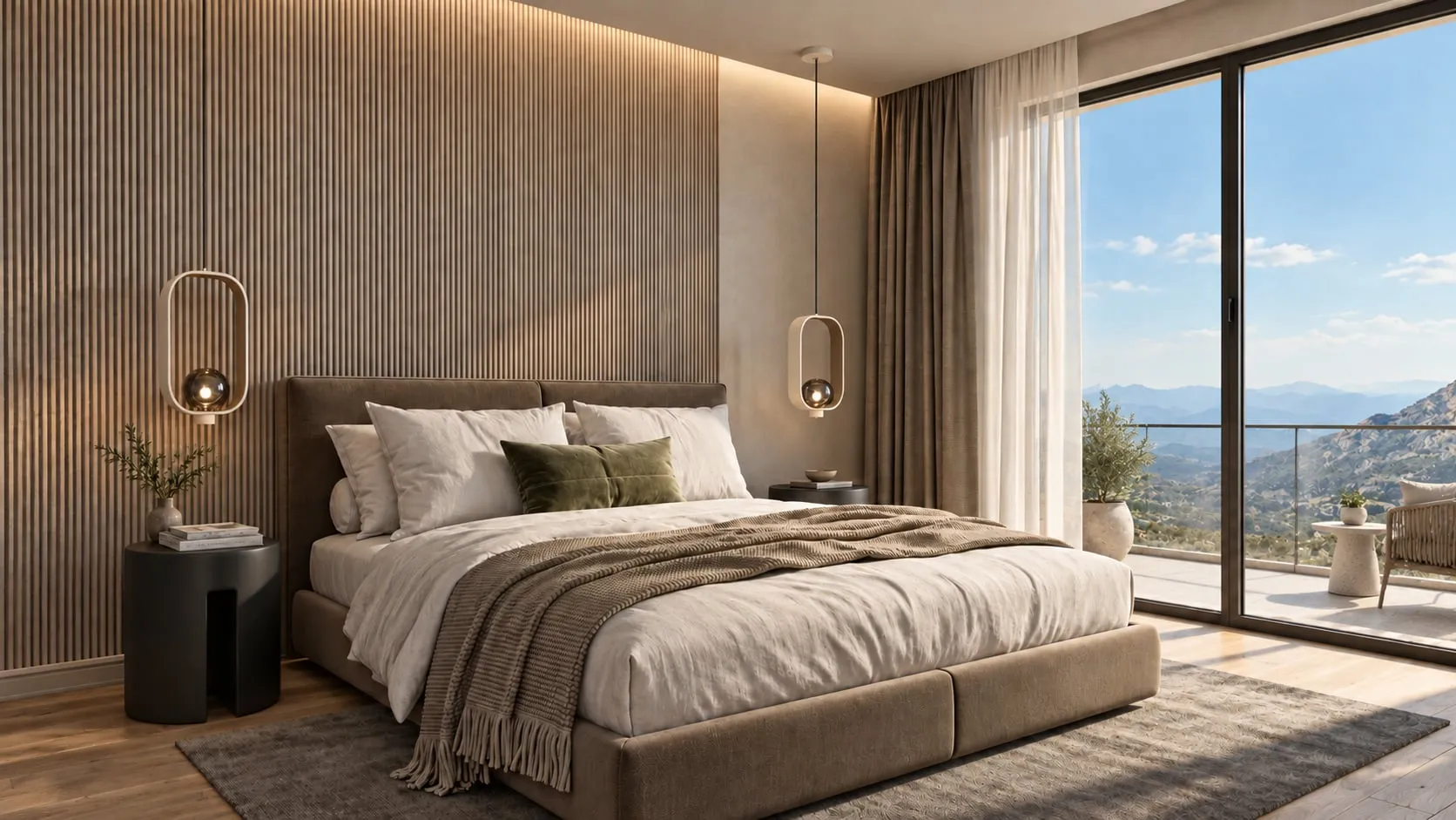 Bedroom opening onto a mountain balcony